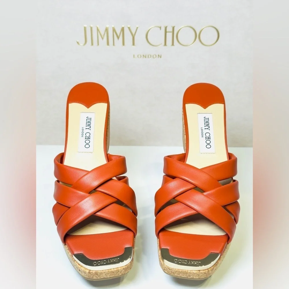 Jimmy Choo Maribou 50 Platform Wedge Slide Sandals Orange Napa Leather Size 38